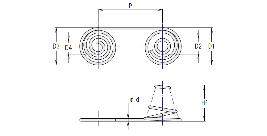 電池ばね 線タイプ 両極用 渦巻きタイプ仕様図